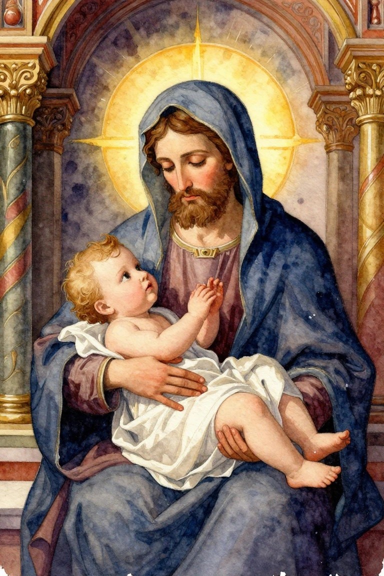 A bearded man in a blue hooded robe holds a nude infant with curly hair, both with halos, set in a golden-lit gothic archway.