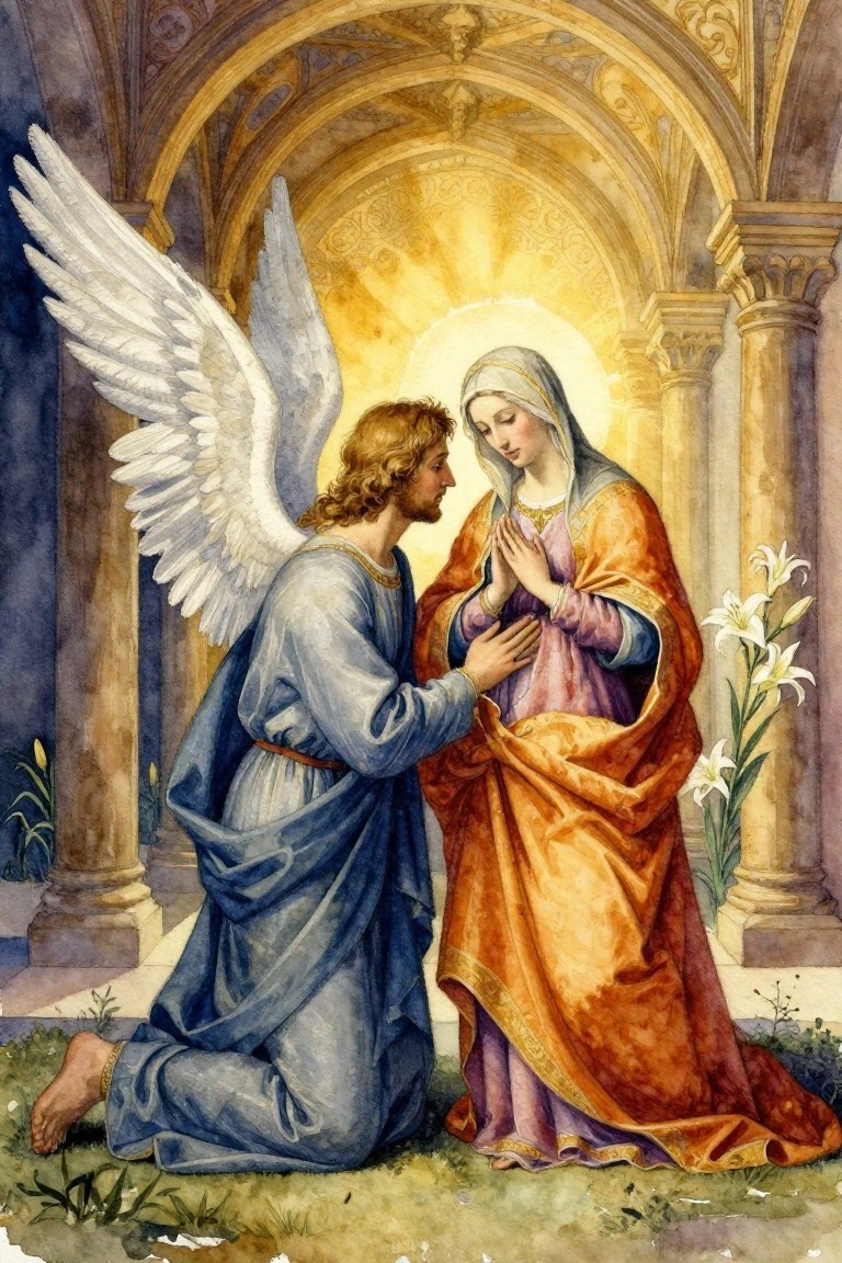 Winged angel in blue kneels before robed Mary with clasped hands and lilies in golden-arched hall.