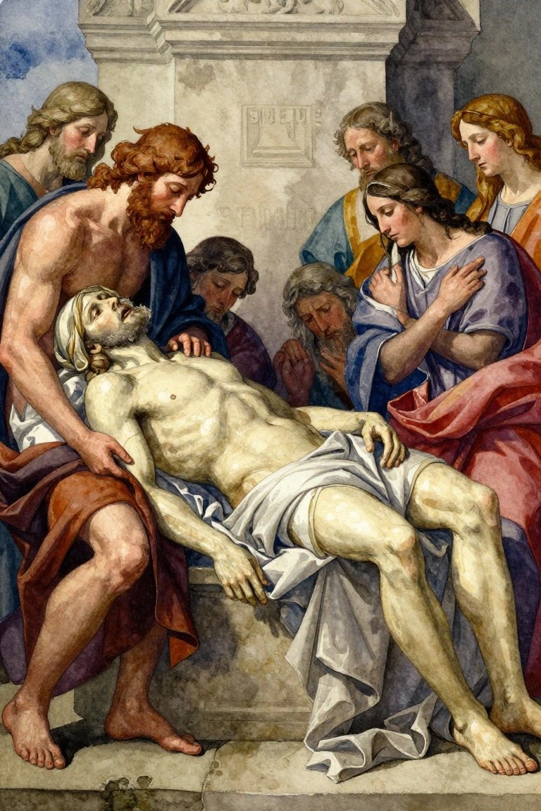 Watercolor-style Renaissance painting of Christ's nude body held by a bearded man on a stone slab, surrounded by disciples and women in robes against a columned backdrop.