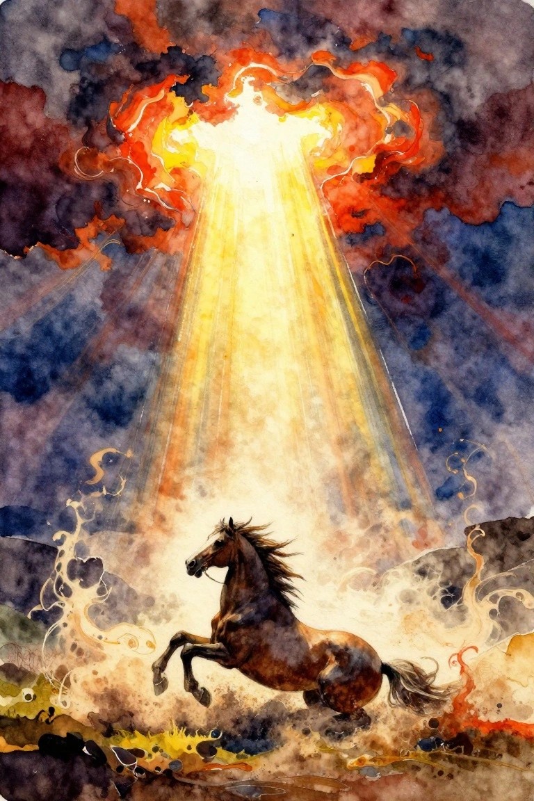 A brown horse rears up beneath a golden light beam from a fiery orange burst in dark purple and red stormy clouds over rocky terrain.