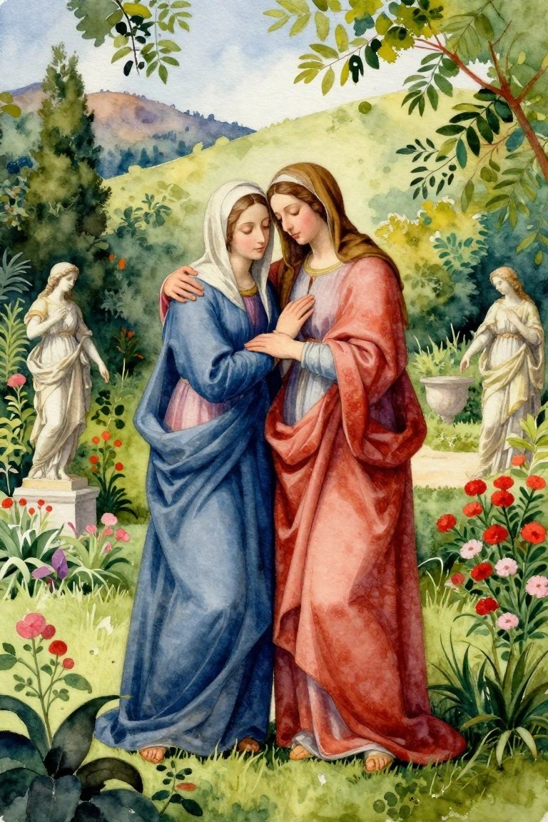 Watercolor of Mary in blue robes embracing Elizabeth in red robes in a garden with white statues, red flowers, trees, and distant hills.