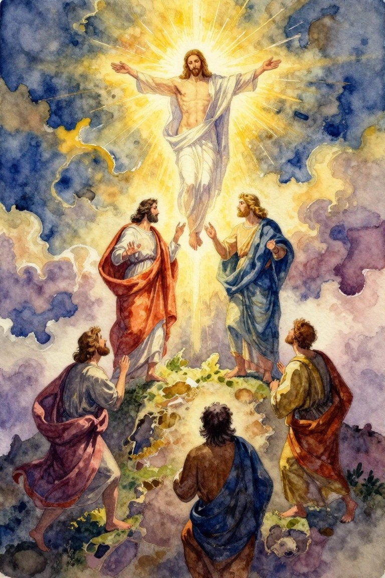 Watercolor-style painting of Jesus transfigured in golden light above three apostles on a mountain amid clouds.