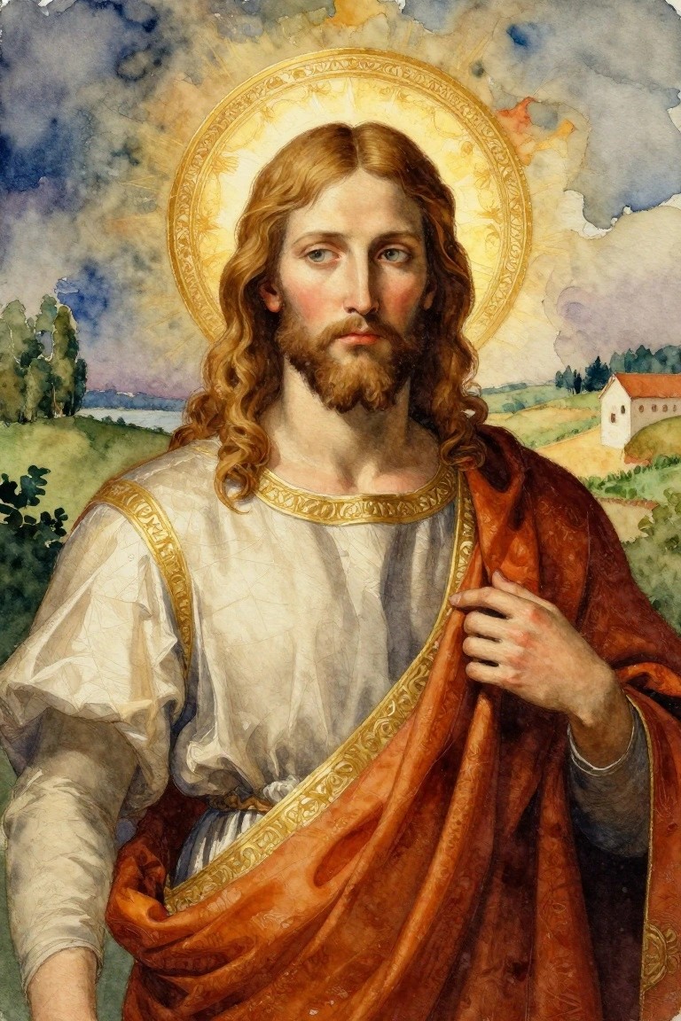 Watercolor portrait of Jesus with long hair and beard, golden halo, white and red robes, standing in a landscape of green fields, trees, white buildings, and a lake.