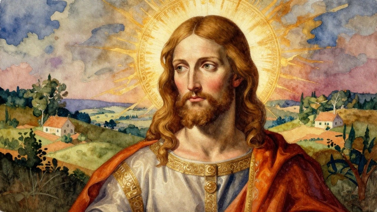 Watercolor portrait of Jesus with long hair and beard, golden halo, white and red robes, standing in a landscape of green fields, trees, white buildings, and a lake.