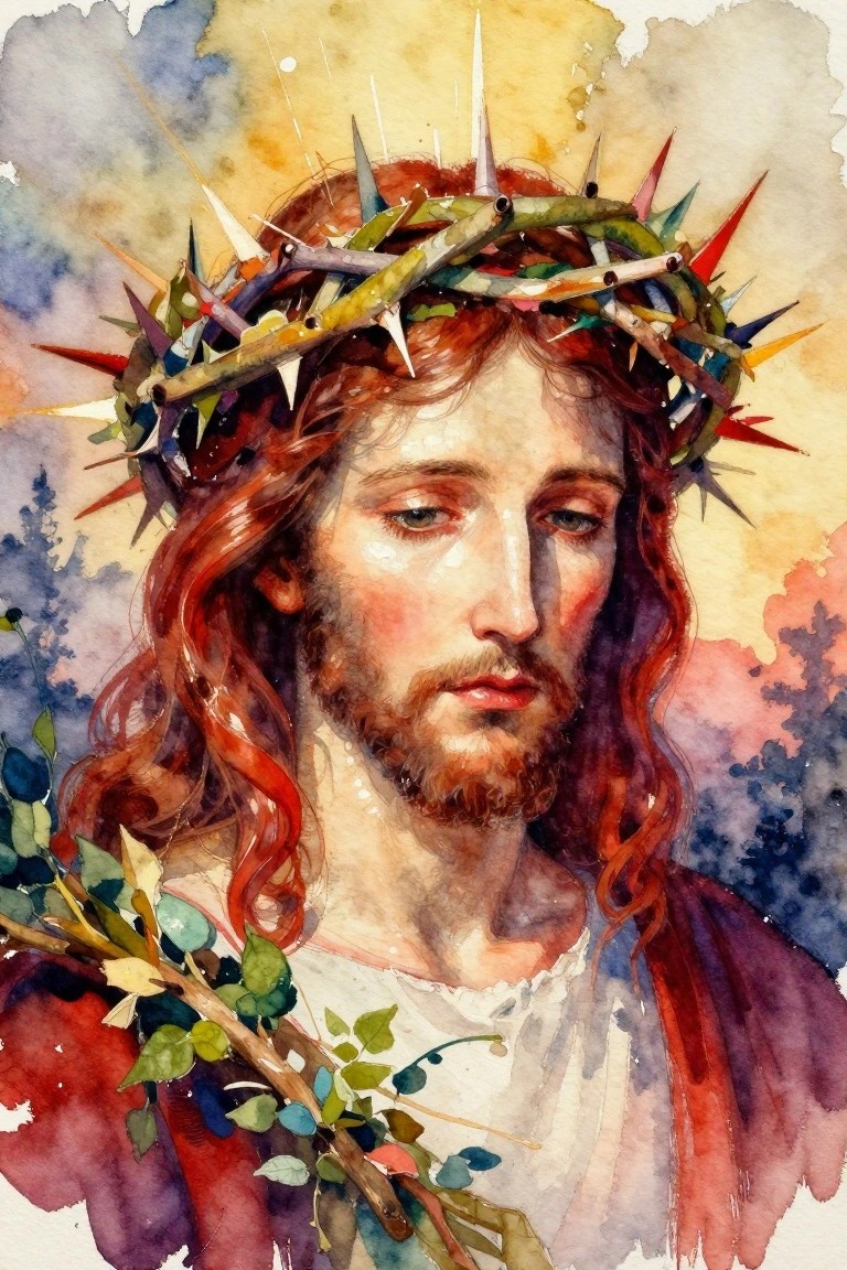 Watercolor portrait of Jesus Christ with red hair and beard, wearing a thorny crown with light rays, holding a green branch, against a blended sky and forest background.