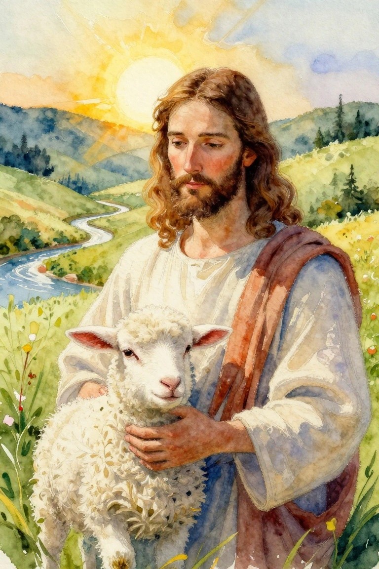 Watercolor painting of Jesus in white robe holding a white lamb, standing in green valley with river path, hills, trees, and setting sun.