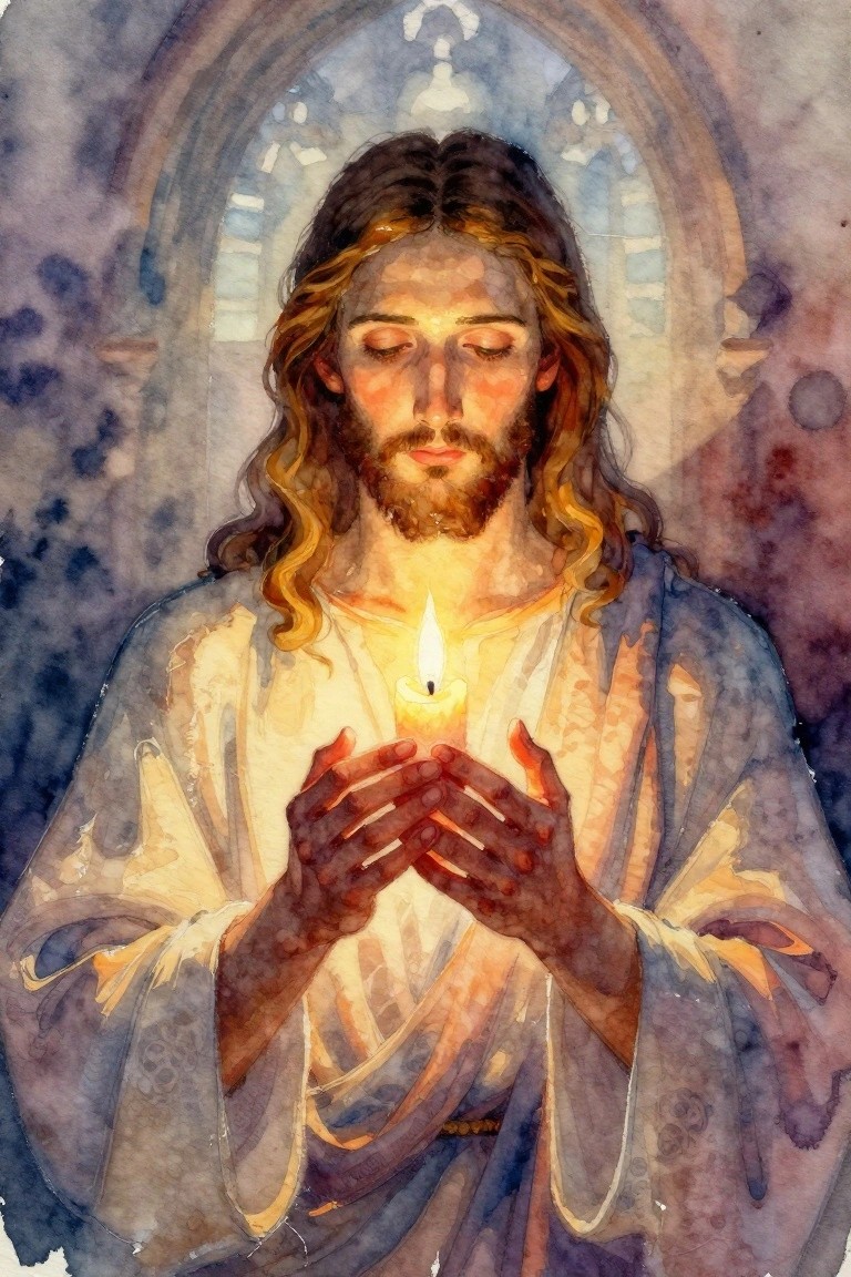 Watercolor portrait of Jesus holding a lit candle between his hands against an arched stained glass window background.