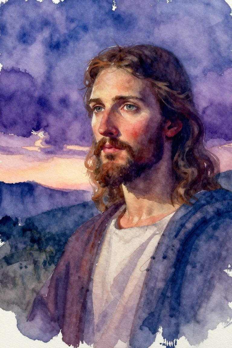 Watercolor portrait of Jesus with long wavy hair, beard, and blue eyes against a purple sunset sky with distant mountains.