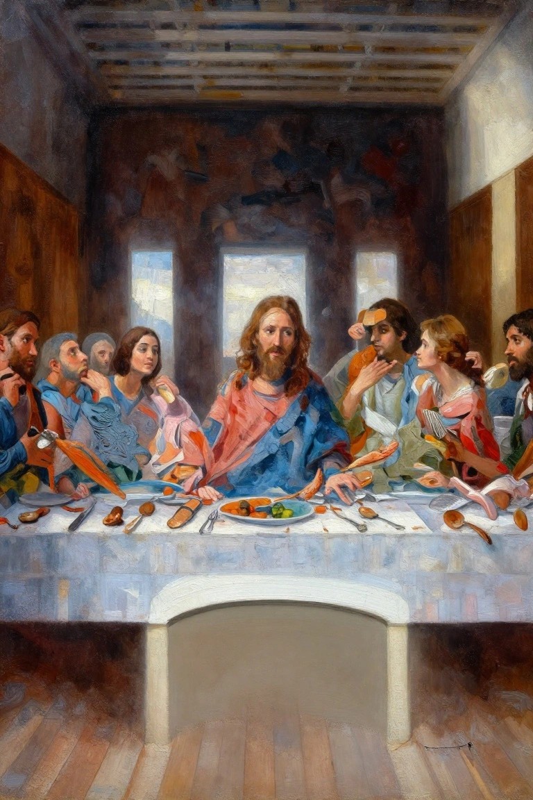Oil painting recreating The Last Supper with Jesus and twelve apostles eating bagels topped with smoked salmon, eggs, and vegetables on a long table.