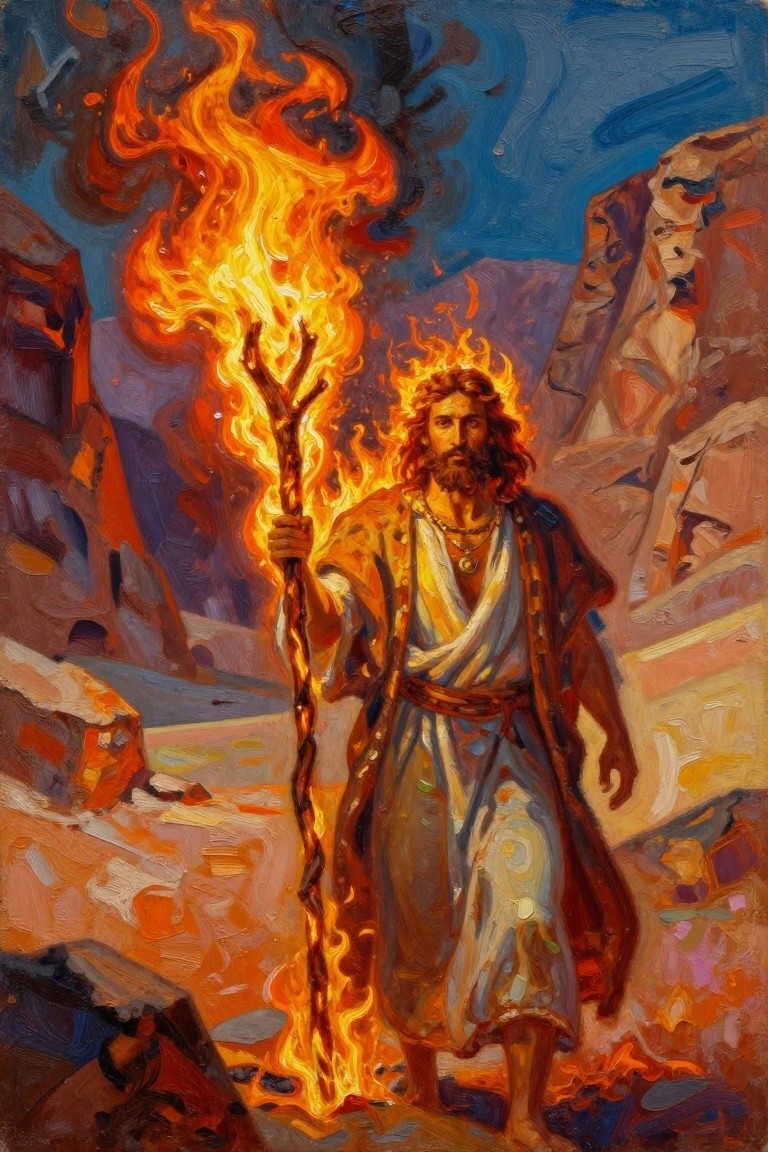 Bearded prophet in robes holds a flaming staff amid desert rocks and flames in an oil painting.