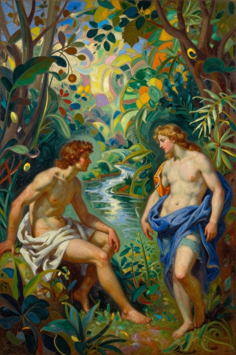 Oil painting of two nude muscular young men with long hair, one seated by a stream draped in white cloth and the other standing draped in blue, surrounded by lush colorful jungle foliage.