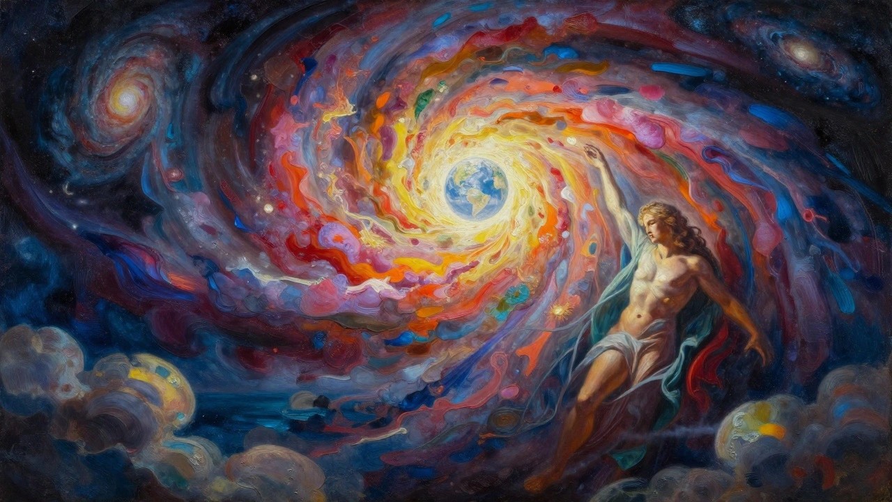 Oil painting of a muscular male figure with red hair and halo standing on Earth amid swirling cosmic colors, clouds, and stars.