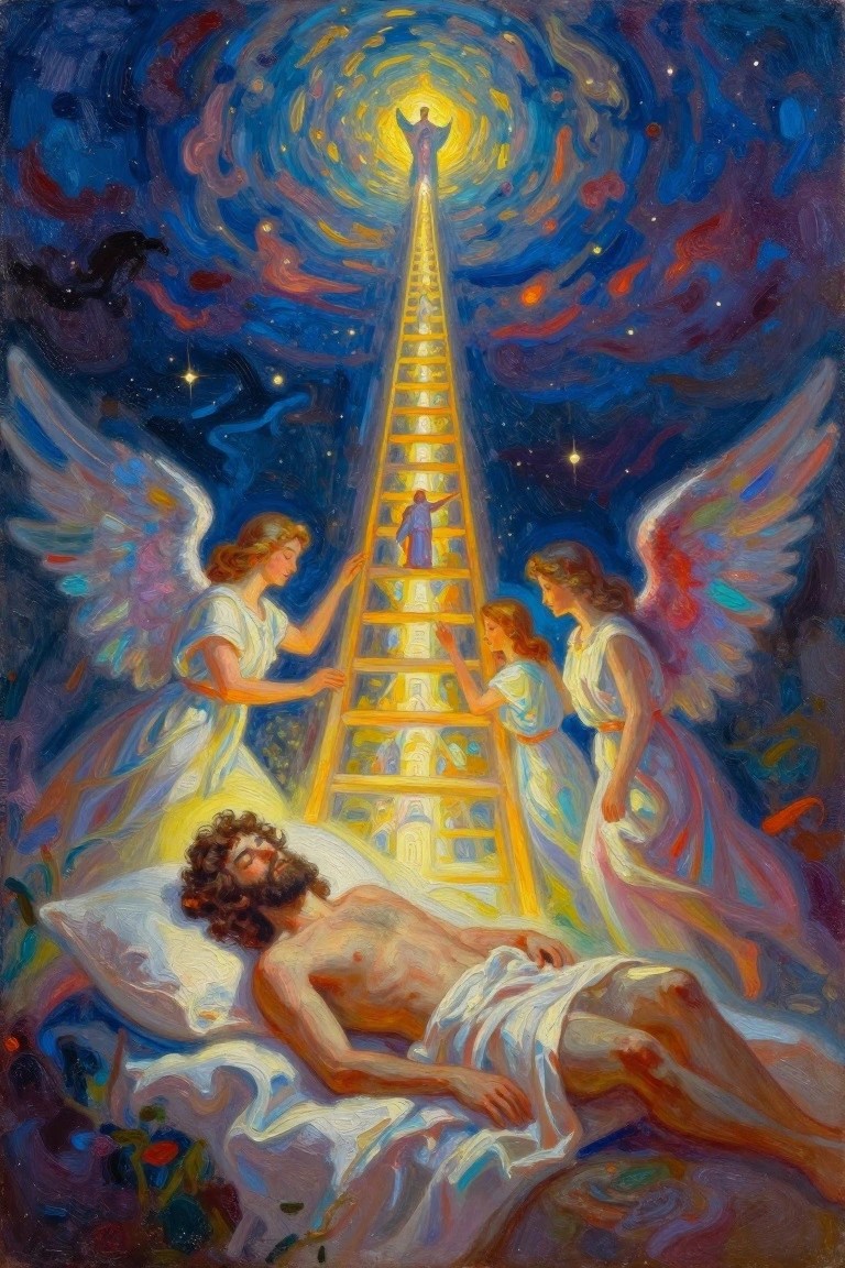 Detailed oil painting of bearded man asleep on ground with golden ladder rising to heaven flanked by four angels in starry blue night sky.