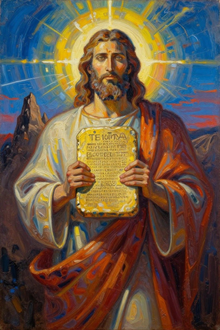 Vibrant oil painting of Jesus in white and red robes holding large golden tablets with Greek text, surrounded by a glowing yellow halo and rocky mountains under a blue and orange sky.