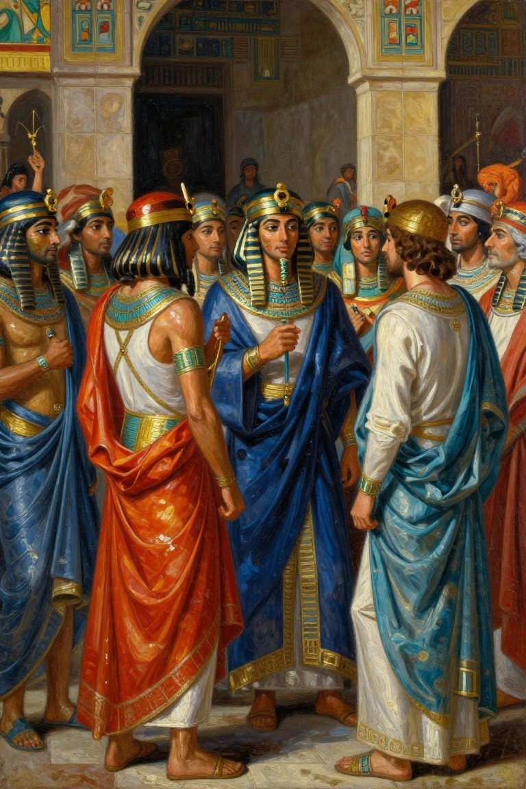 Detailed oil painting of Joseph in white tunic and blue cloak speaking with Pharaoh amid Egyptian nobles in a grand arched hall.