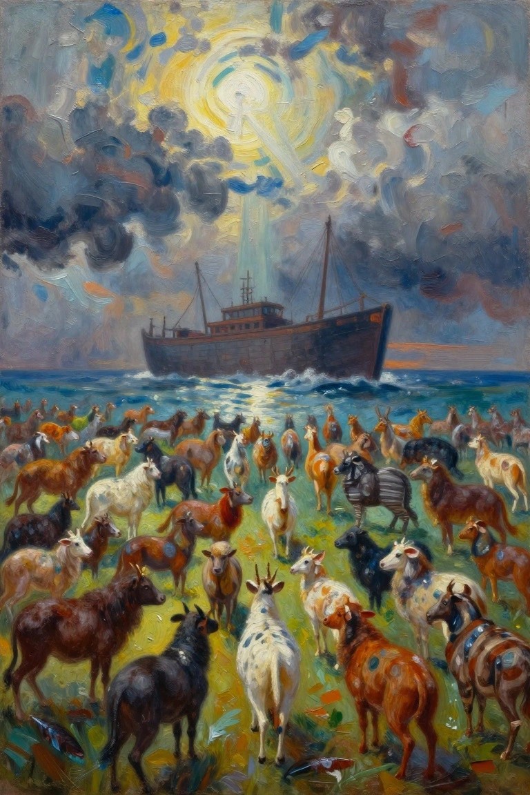 Oil painting depicting numerous varied animals gathered on grass by the sea with Noah's Ark in the background under stormy clouds and a beam of divine light.