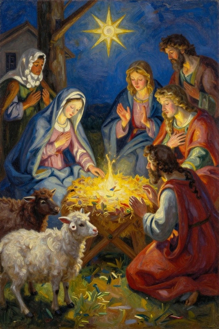 Oil painting depicting the Nativity with Mary and Joseph adoring baby Jesus in a glowing manger, surrounded by shepherds, sheep, and a bright star in a nighttime scene.