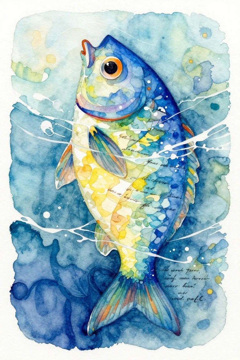 Watercolor painting of a blue fish with body covered in yellow and multicolored handwritten text scraps as scales, in a blue watery background with bubbles.