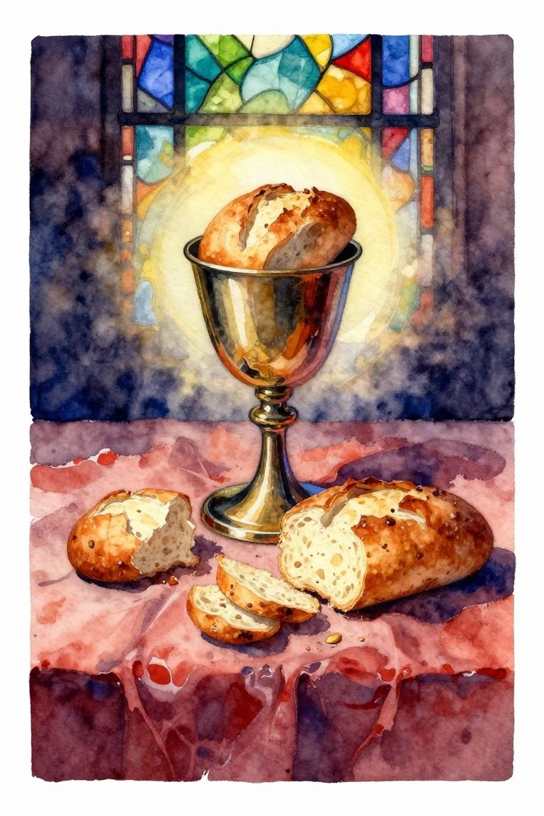 Watercolor painting of bread loaves and golden chalice on a red-draped table, illuminated by a multicolored stained glass window.
