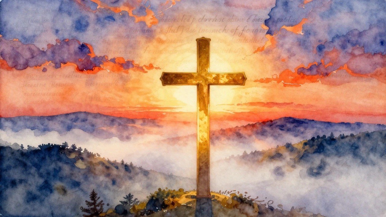 Watercolor-style painting of a golden cross on a hill silhouetted against a setting sun with misty purple mountains and orange skies.