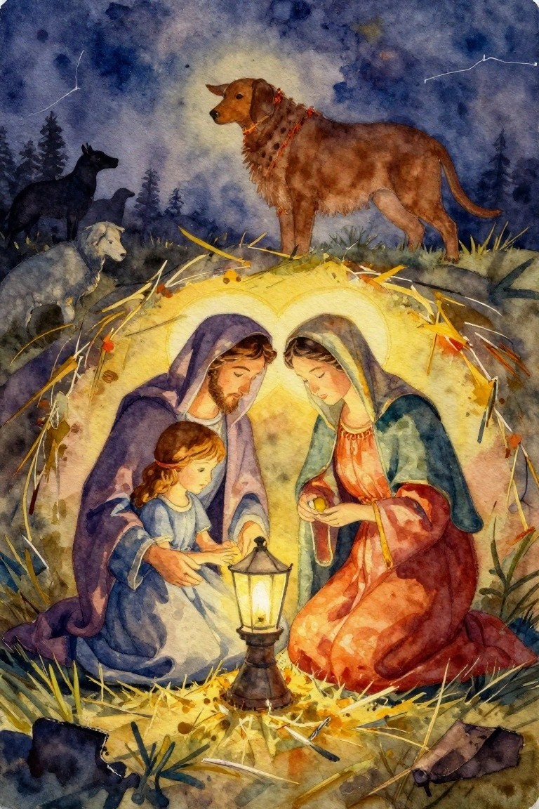 Watercolor Nativity scene with Joseph, Mary, and child around a lantern in golden light, sheep and dogs watching from starry night background.