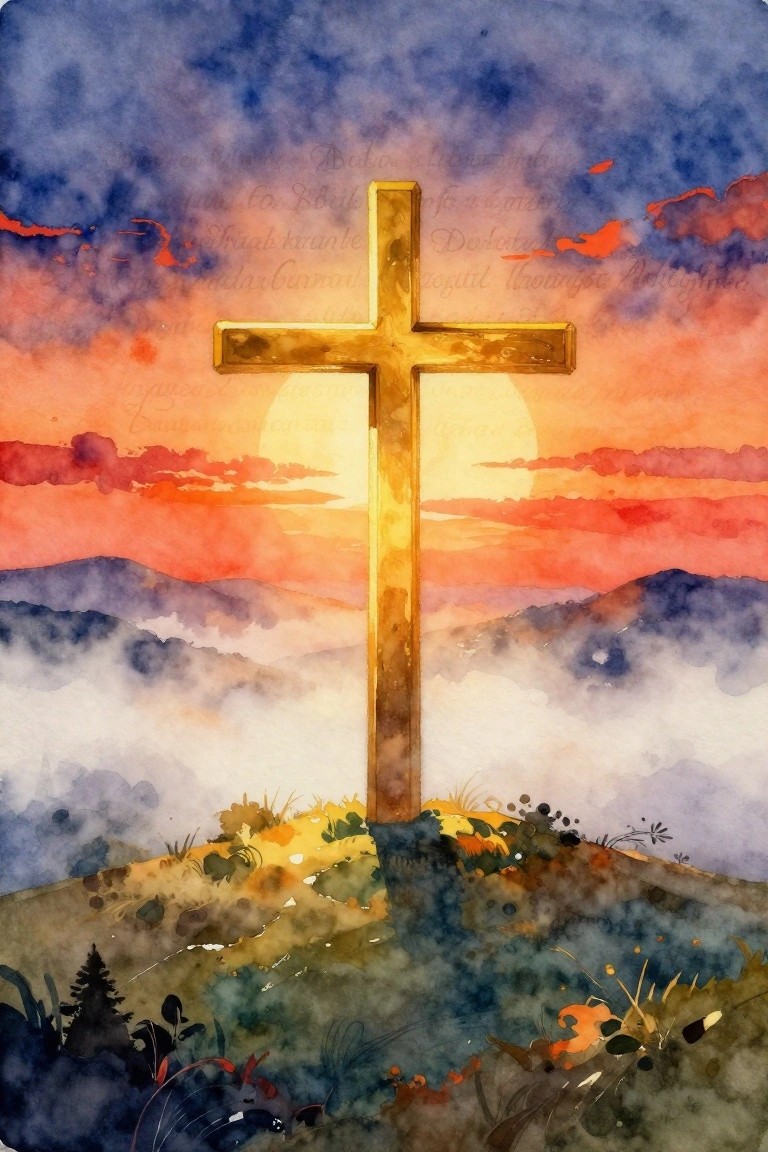Watercolor-style painting of a golden cross on a hill silhouetted against a setting sun with misty purple mountains and orange skies.