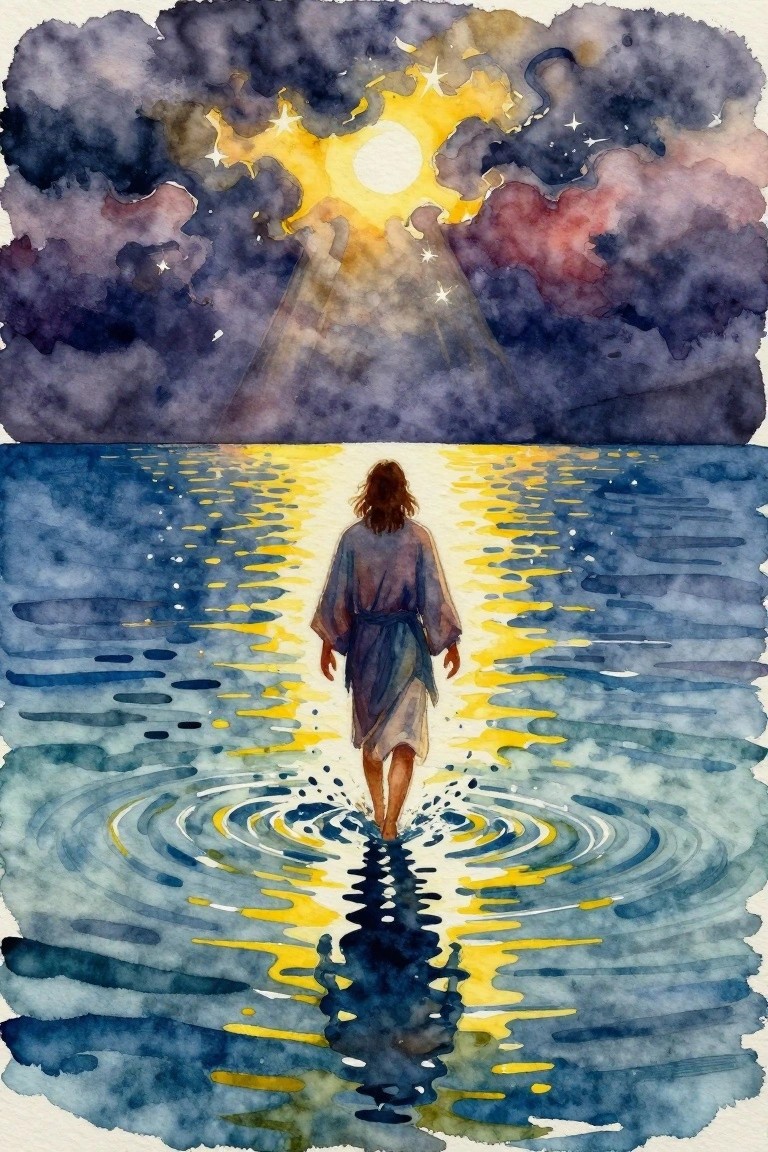 A watercolor painting of Jesus in a robe walking on rippling blue water toward the viewer, lit by a golden beam from a starry moon in a dark purple stormy sky.