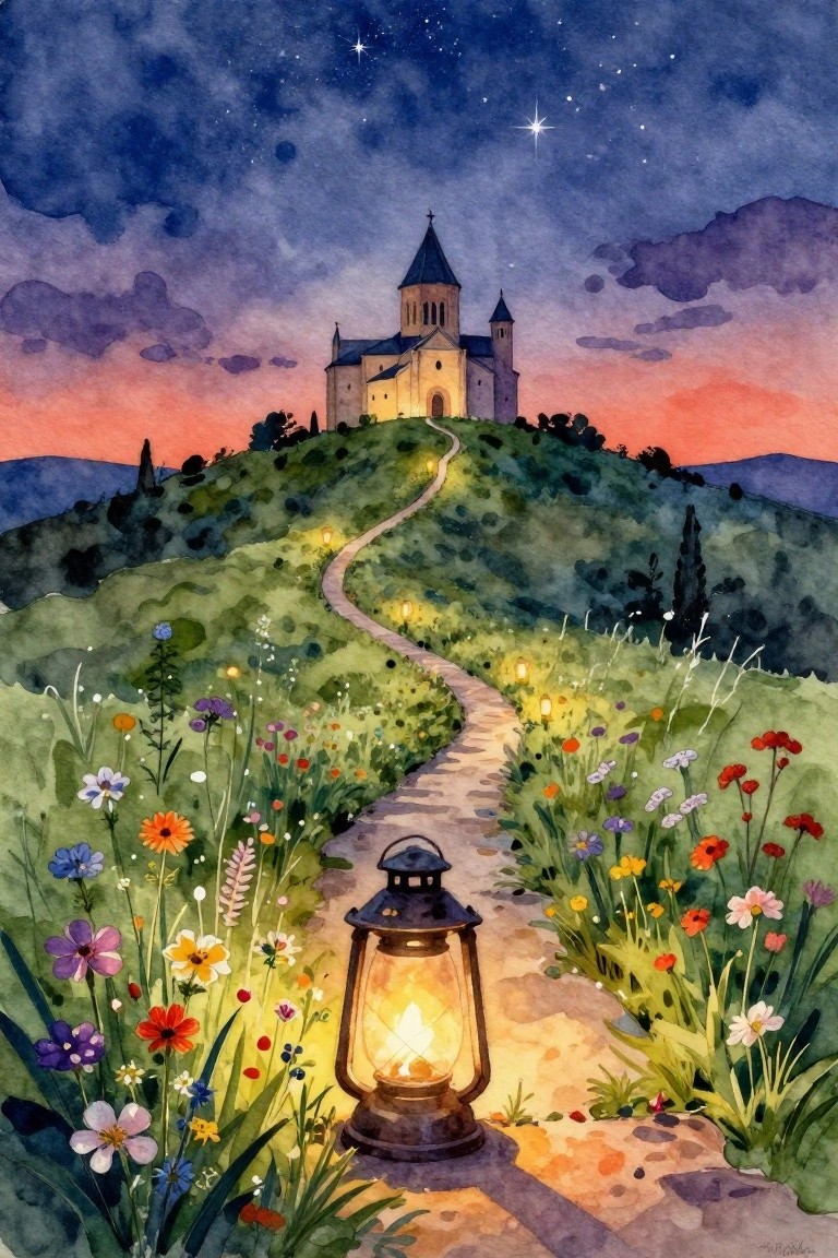 Watercolor of a lantern-lit winding path through wildflowers up a green hill to a chapel under a starry purple-orange sky.