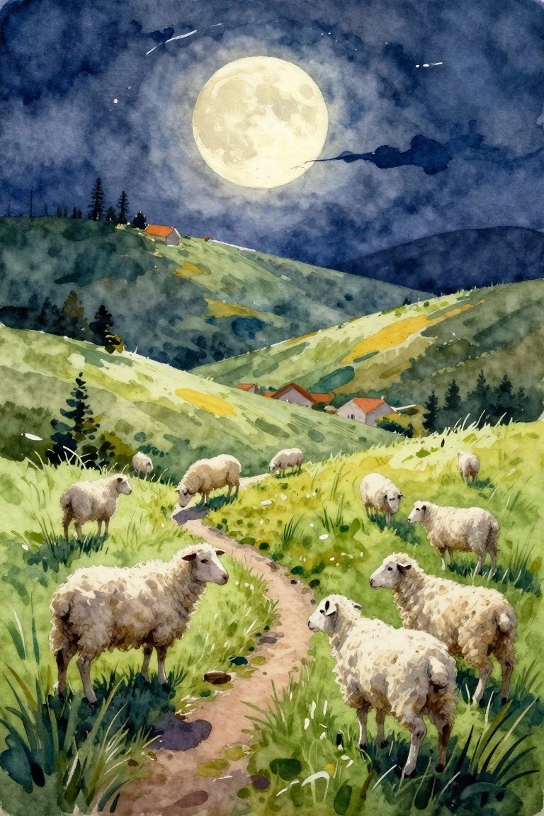 Watercolor landscape of white sheep on a grassy path amid green hills under a full moon with distant trees and houses.