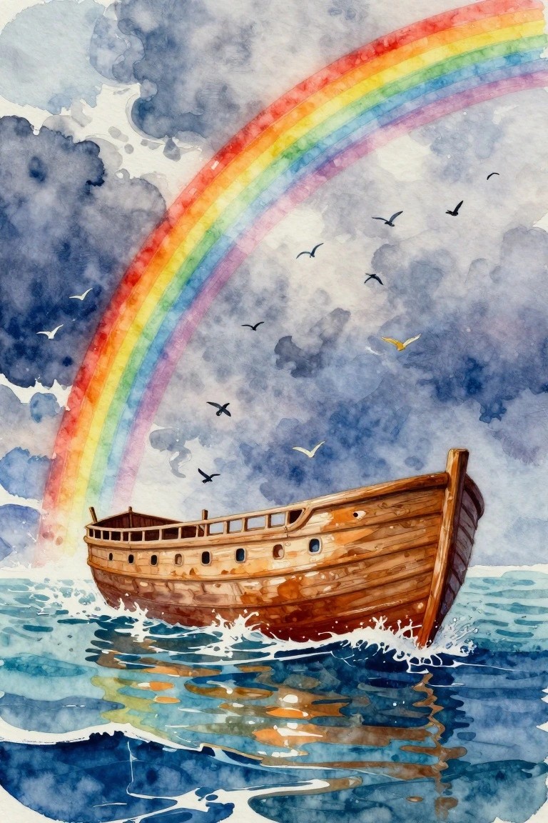 Watercolor-style painting of Noah's Ark on waves under a rainbow with birds flying amid clouds.