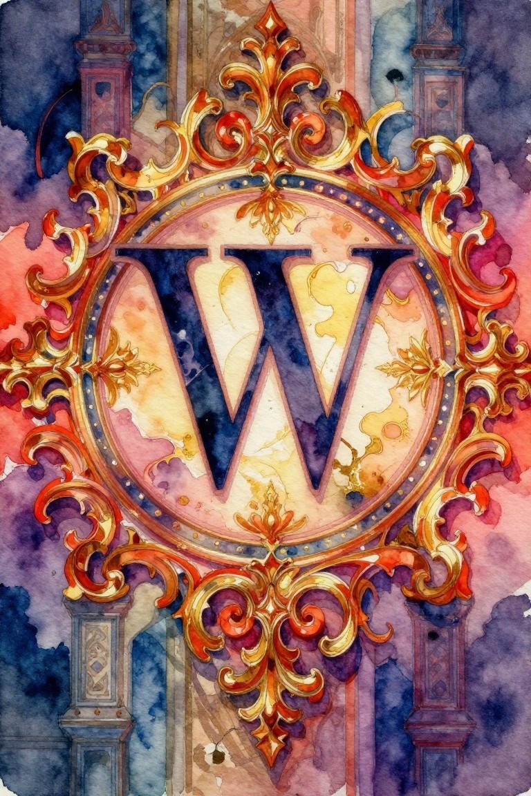 Watercolor illustration of a large gold-framed letter W surrounded by red and purple filigree ornaments and blue gothic pillars.