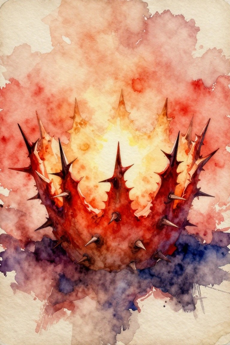 Watercolor artwork of a spiky red crown of thorns with yellow light glowing from the center on a textured beige background.
