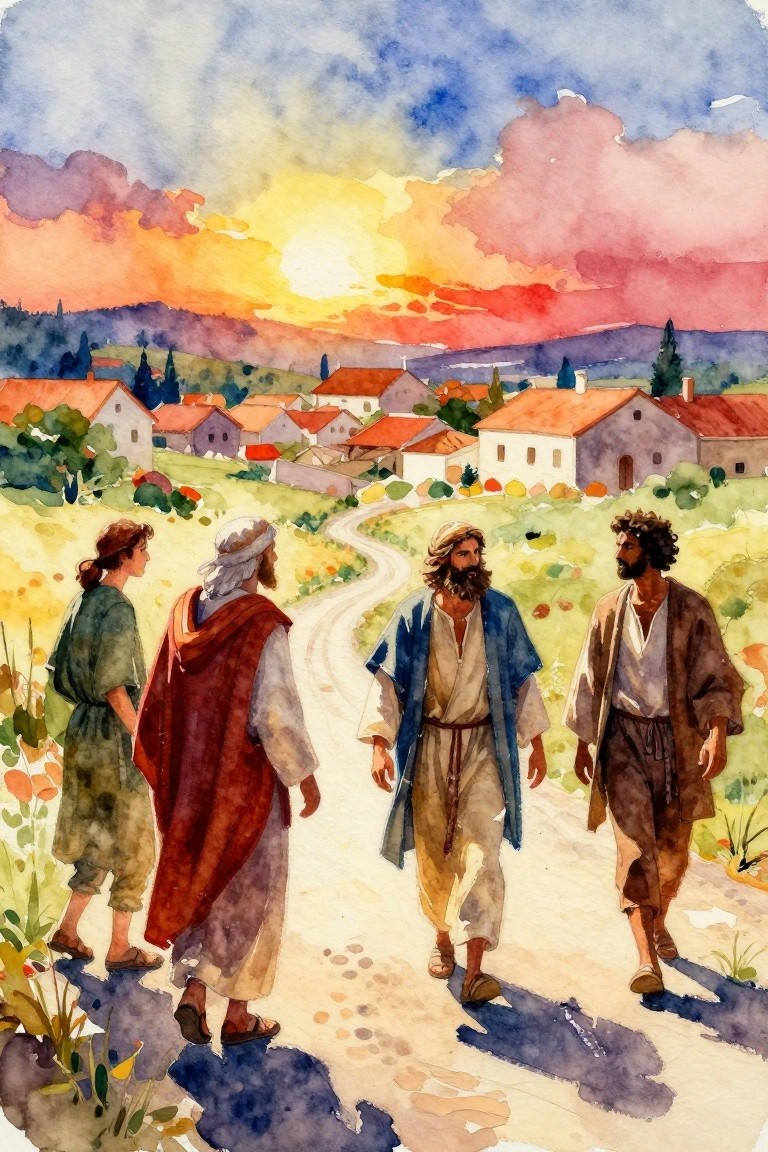 Watercolor painting of Jesus in blue robe walking with three disciples on a path through fields toward a sunset village.