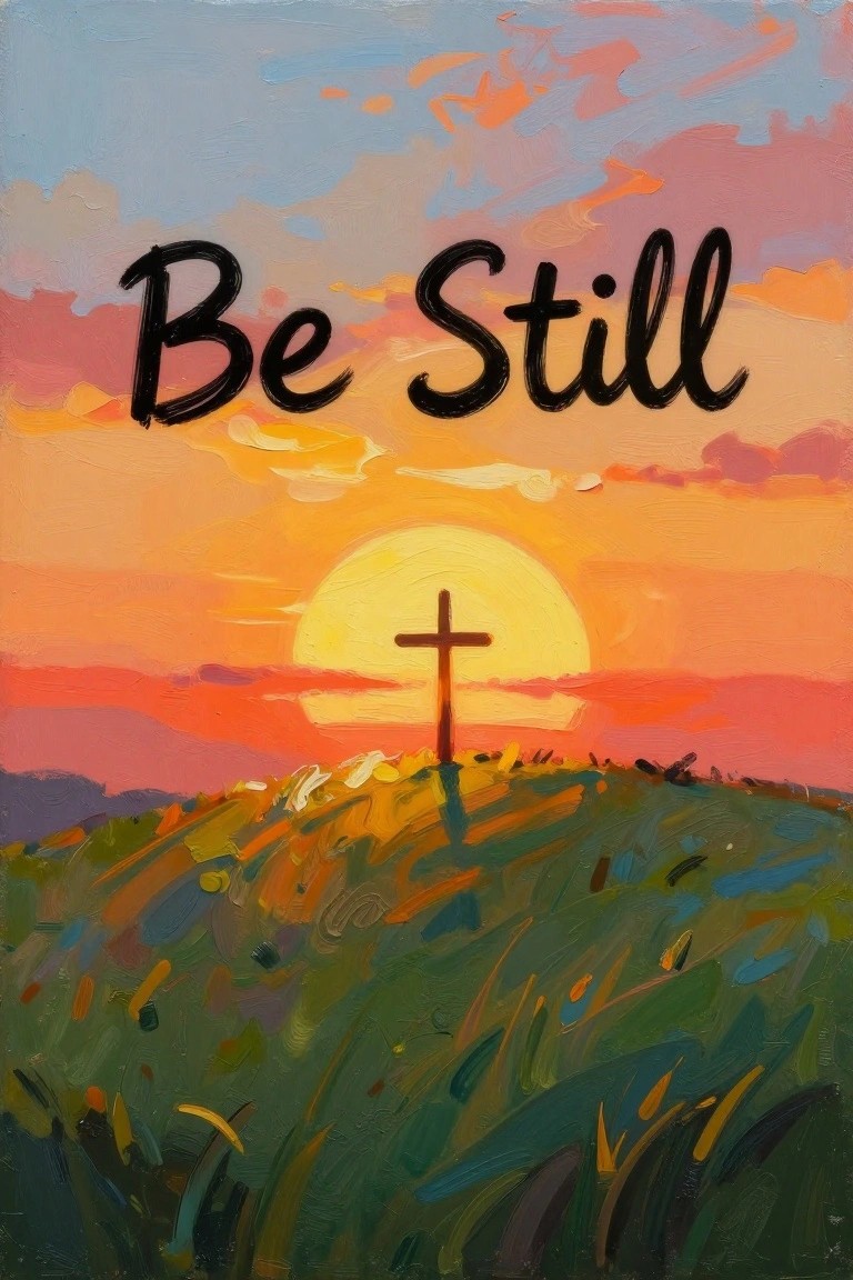 Acrylic painting of a black cross silhouetted against a yellow setting sun on a grassy hill under a pink-orange sky with 