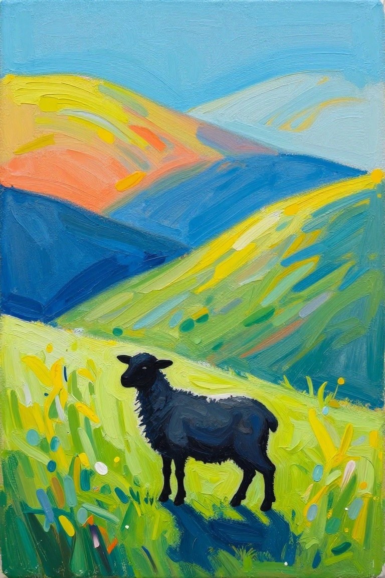 A black sheep stands in a green field with rolling hills in bright yellow, orange, red, blue, and green hues under a blue sky.