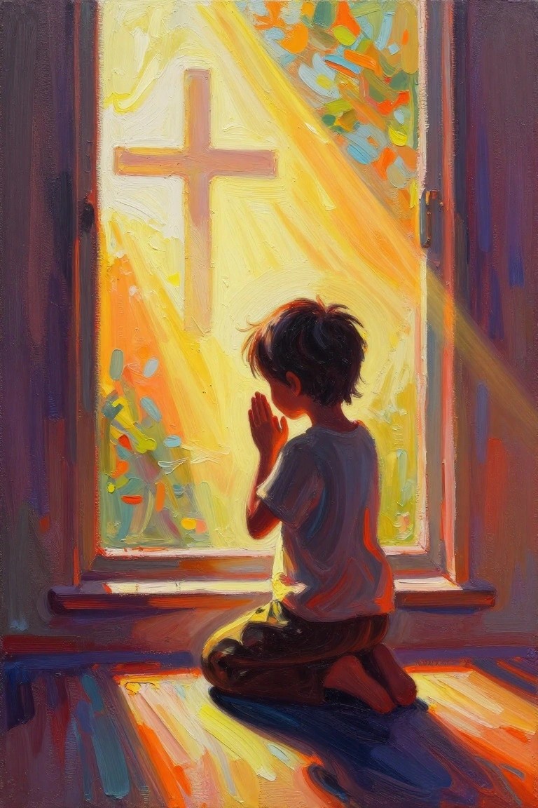 A boy kneels in prayer facing a window with a glowing cross and colorful leaves outside, backlit by warm sunlight rays.
