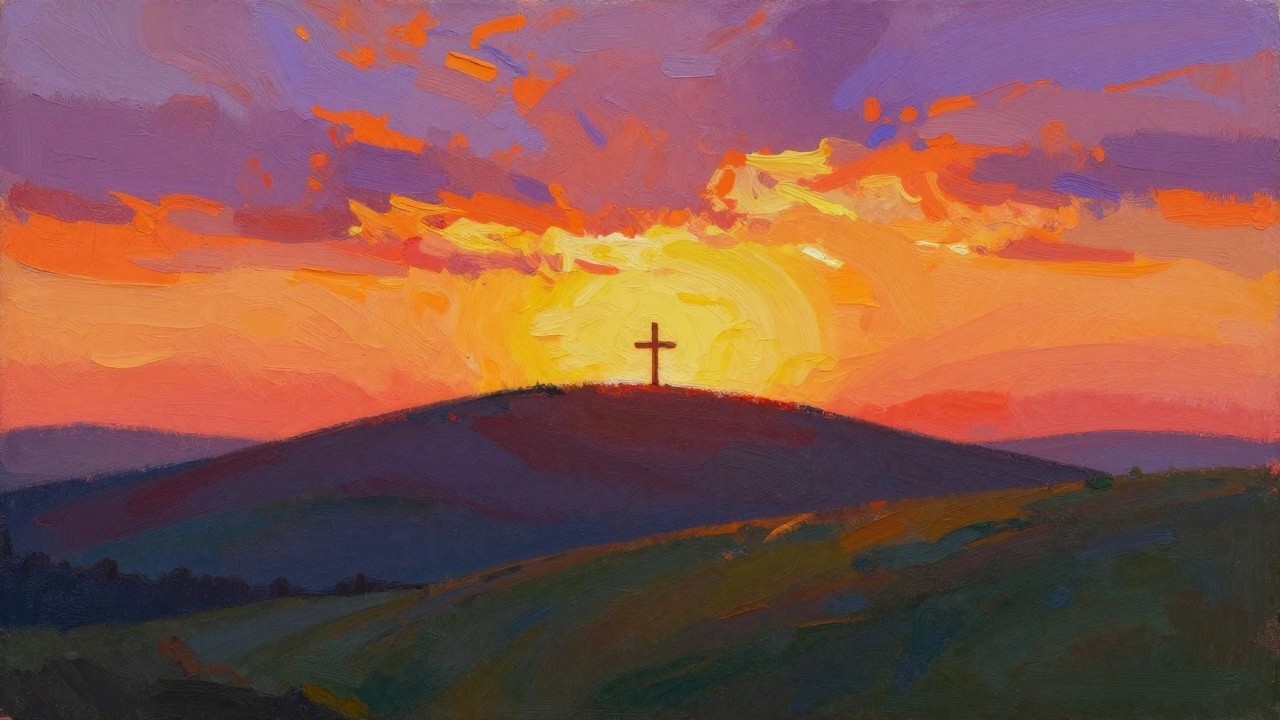 Acrylic painting of a dark cross on a hill peak silhouetted by a bright yellow sun at sunset over colorful rolling hills and fields.