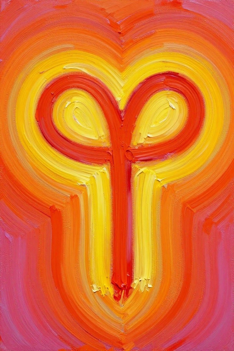 Thickly painted yellow ram horn symbol with red outlines on a background of orange and pink concentric curves and rays.