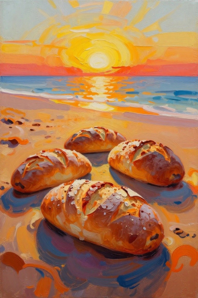 Several golden loaves of bread with sesame seeds sit on a sandy beach with ocean waves and a vibrant orange sunset sky in the background.