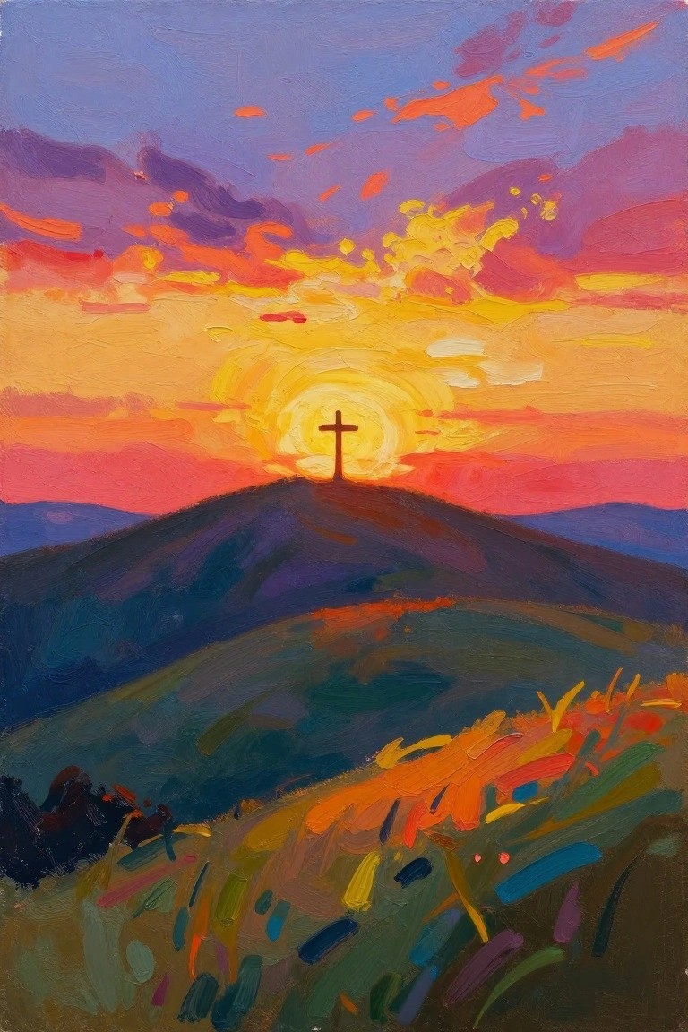 Acrylic painting of a dark cross on a hill peak silhouetted by a bright yellow sun at sunset over colorful rolling hills and fields.