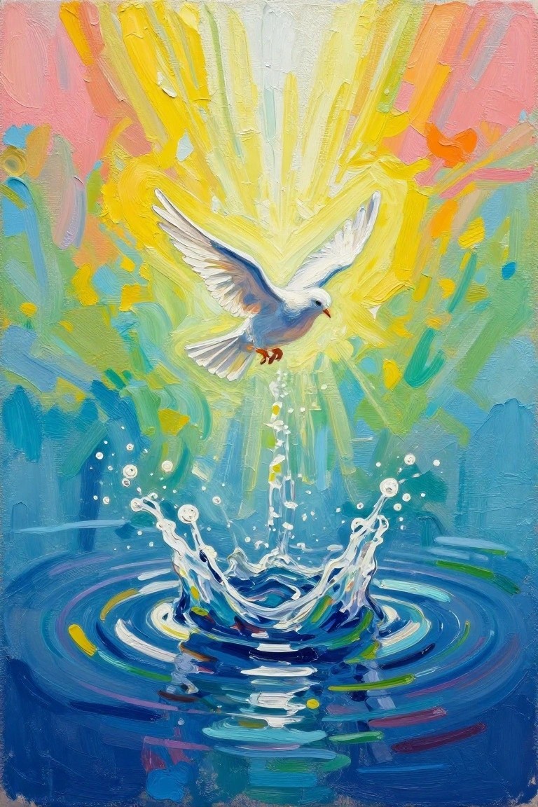 Painting of a white dove with golden light rays descending into a splashing blue water pool on a colorful abstract background.