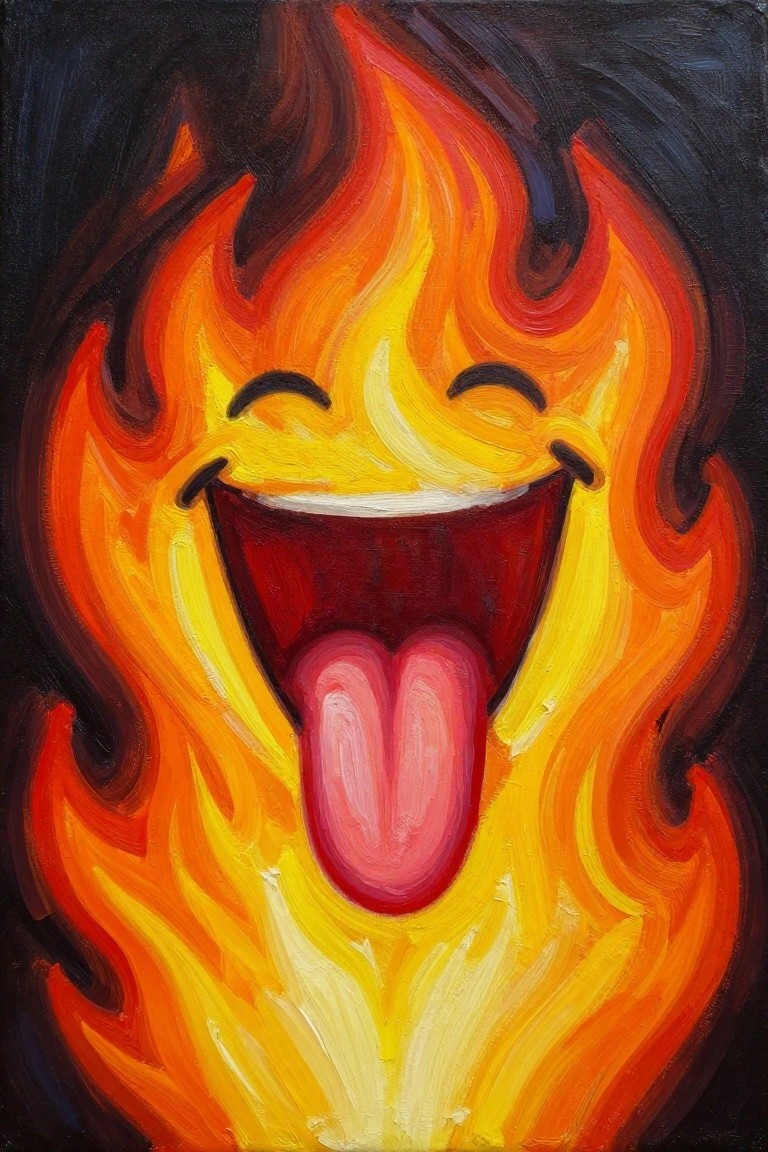 Acrylic painting of a cartoon happy face composed of yellow, orange, and red flames with a pink tongue sticking out, set against a black background.