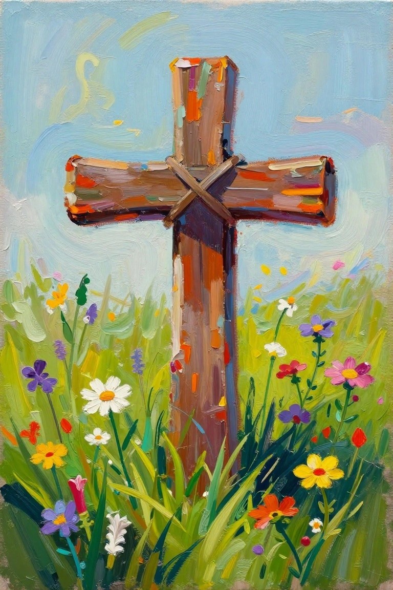 A painting of a wooden cross in a field of colorful wildflowers under a blue sky.