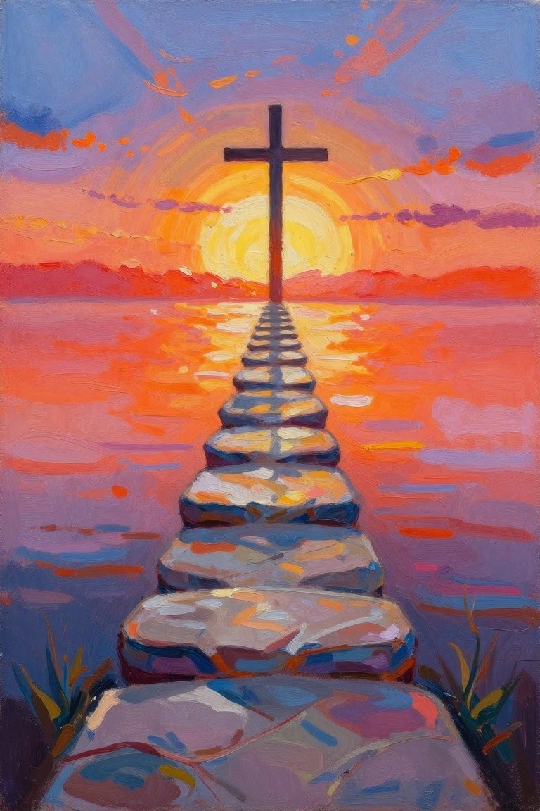 Acrylic painting of gray stepping stones across an orange-reflecting lake leading to a black cross silhouetted against a yellow-orange sunset sun with purple-blue sky.