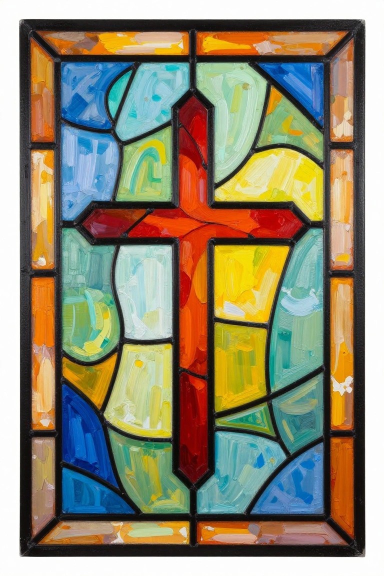 Colorful acrylic painting of a red cross in stained glass style with black leading lines dividing abstract blue, green, yellow, and orange panels.