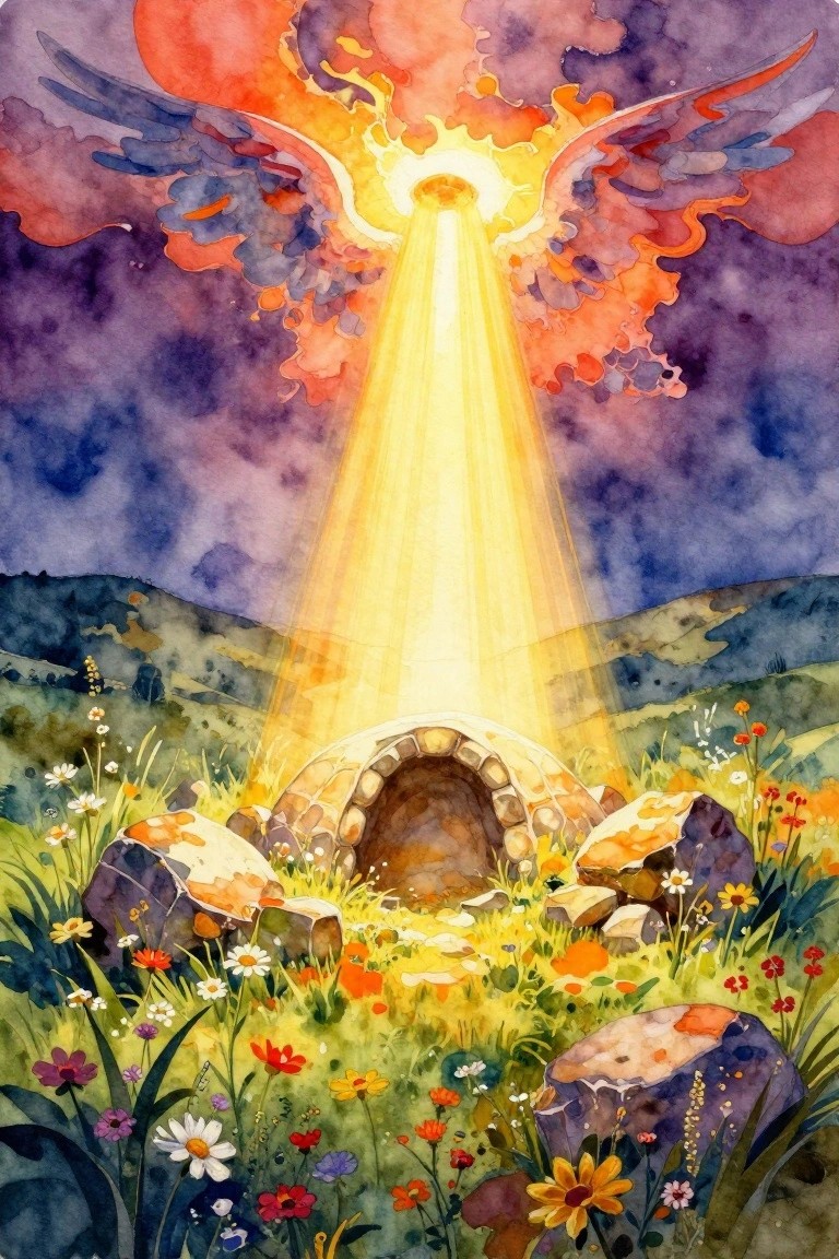 Watercolor painting of golden light from an angelic figure shining on a stone tomb in a flower-filled meadow with hills in the background.