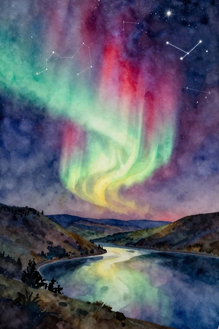Watercolor-style landscape painting of swirling aurora borealis in green, yellow, and purple over dark hills, a reflective river, and a starry sky with constellations.
