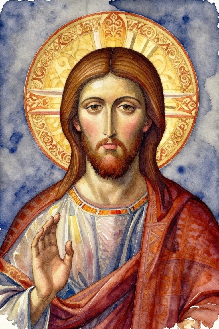 Watercolor portrait of Jesus with long hair and beard, golden halo, blessing hand raised, red and white robes on blue background.
