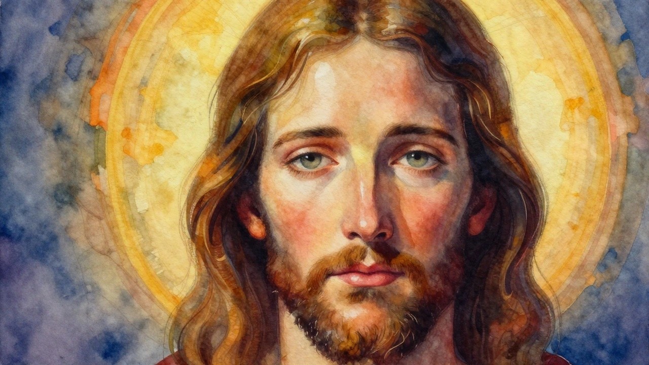 Watercolor portrait of Jesus with long brown hair, beard, green eyes, and golden halo against blended blue, purple, and yellow background.