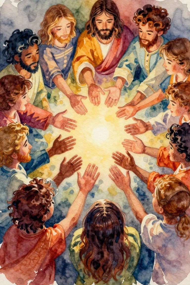 Watercolor of Jesus in yellow robes at the center of a diverse circle of disciples extending hands toward a glowing yellow light.
